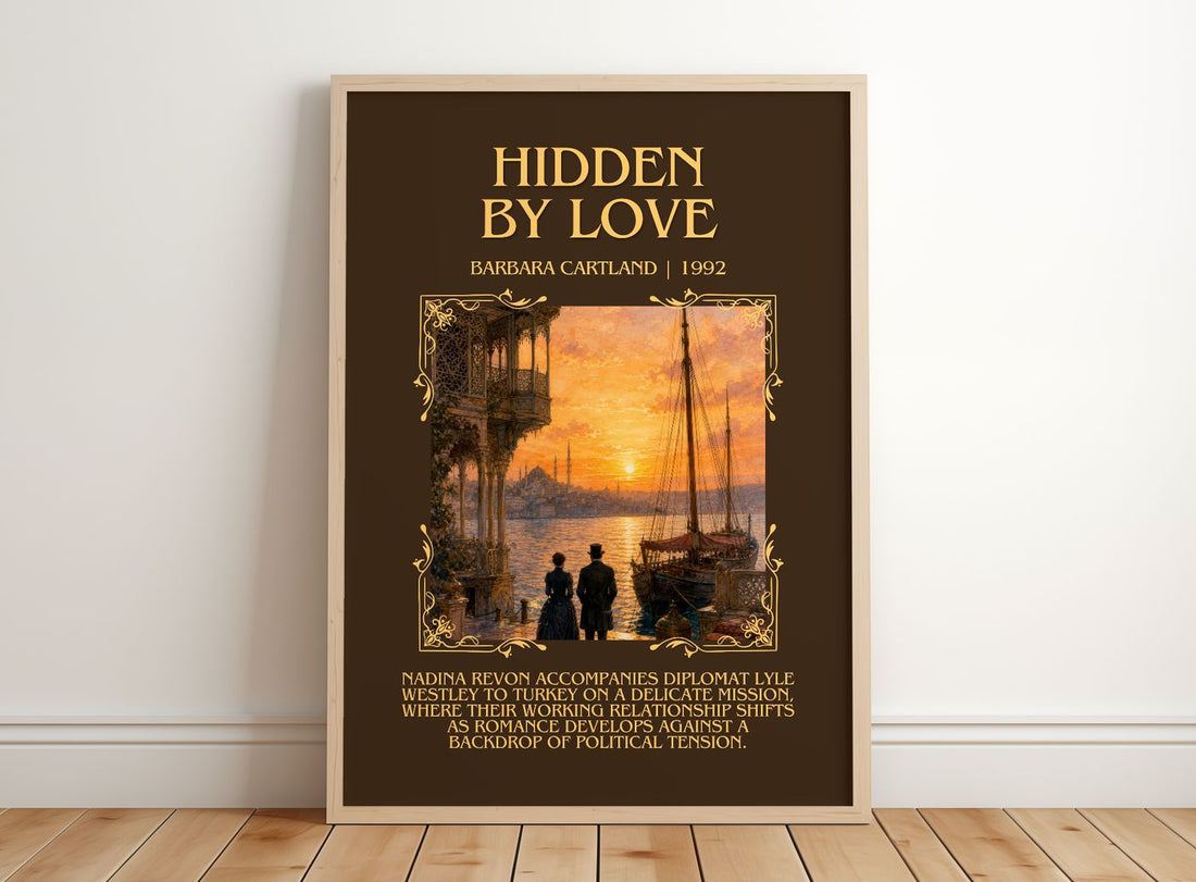 Hidden By Love Minimalist Book Poster by Barbara Cartland – framed print leaning on a wooden floor