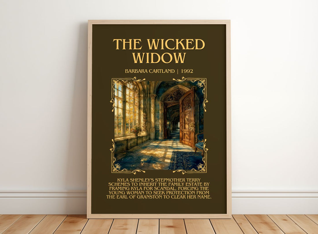 The Wicked Widow Minimalist Book Poster by Barbara Cartland – framed print leaning on a wooden floor