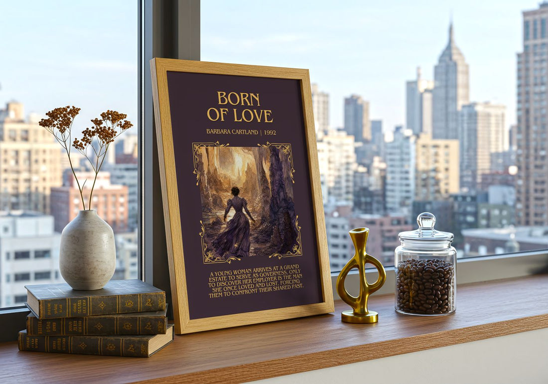 Born Of Love Minimalist Book Poster by Barbara Cartland – framed print on a city-view windowsill