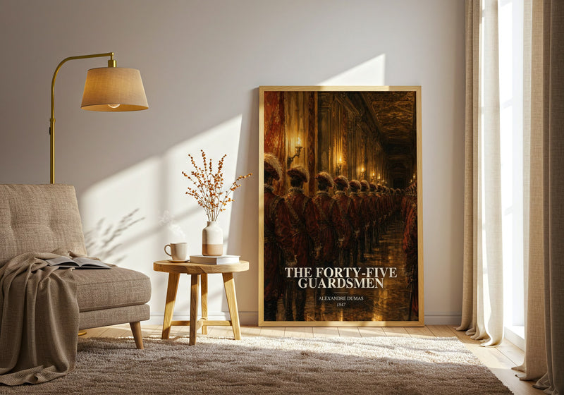 The Forty-Five Guardsmen watercolour print in frame leaning in hallway – historical fiction wall art