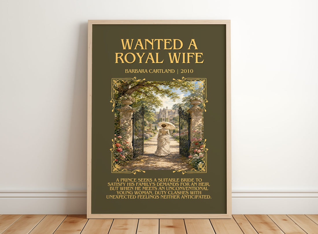 Wanted A Royal Wife Minimalist Book Poster by Barbara Cartland – framed print leaning on a wooden floor