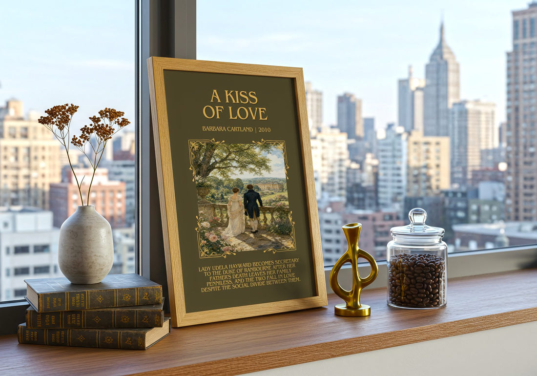 A Kiss Of Love Minimalist Book Poster by Barbara Cartland – framed print on a city-view windowsill