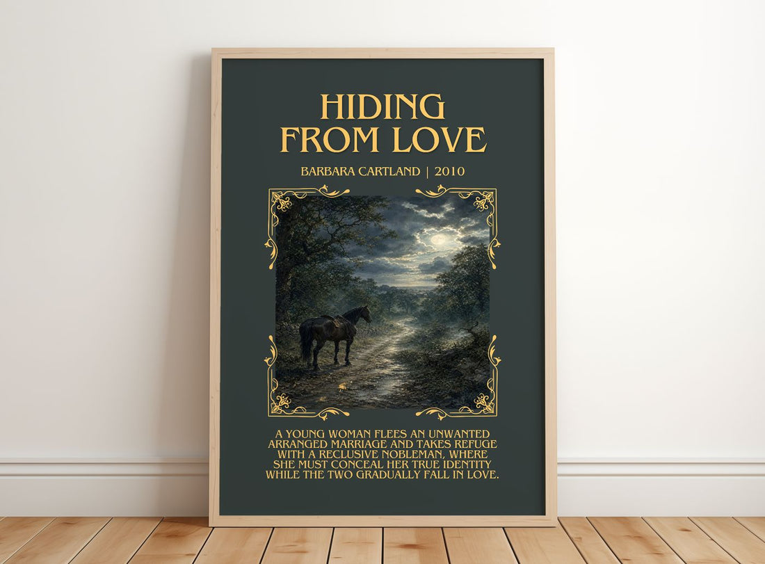Hiding From Love Minimalist Book Poster by Barbara Cartland – framed print leaning on a wooden floor