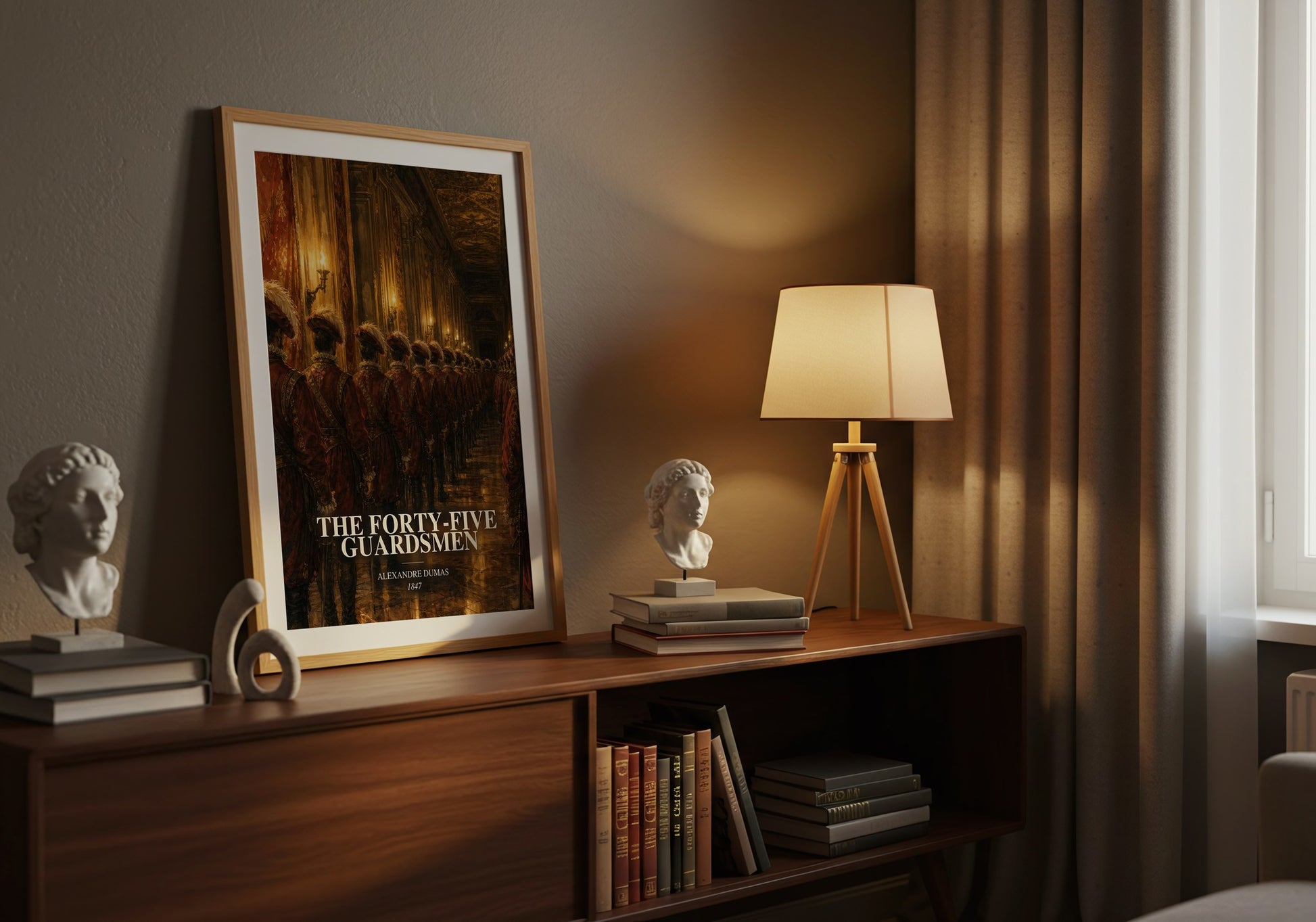 The Forty-Five Guardsmen watercolour print on bookshelf – Alexandre Dumas fan gift