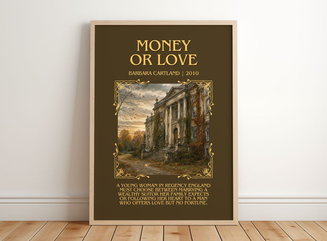 Money Or Love Minimalist Book Poster by Barbara Cartland – framed print leaning on a wooden floor