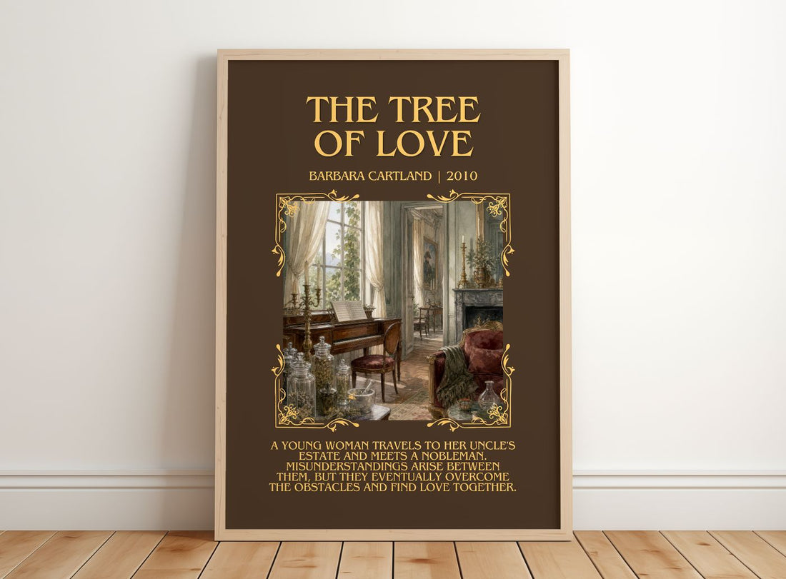 The Tree Of Love Minimalist Book Poster by Barbara Cartland – framed print leaning on a wooden floor