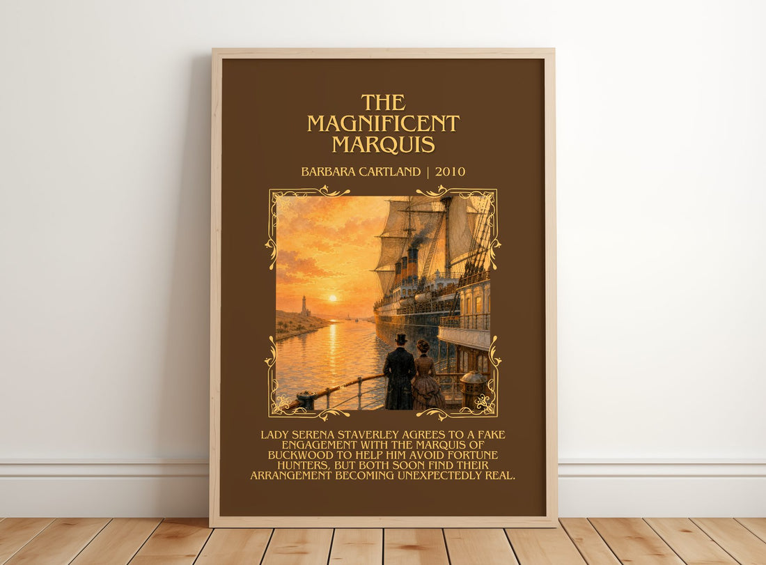 The Magnificent Marquis Minimalist Book Poster by Barbara Cartland – framed print leaning on a wooden floor