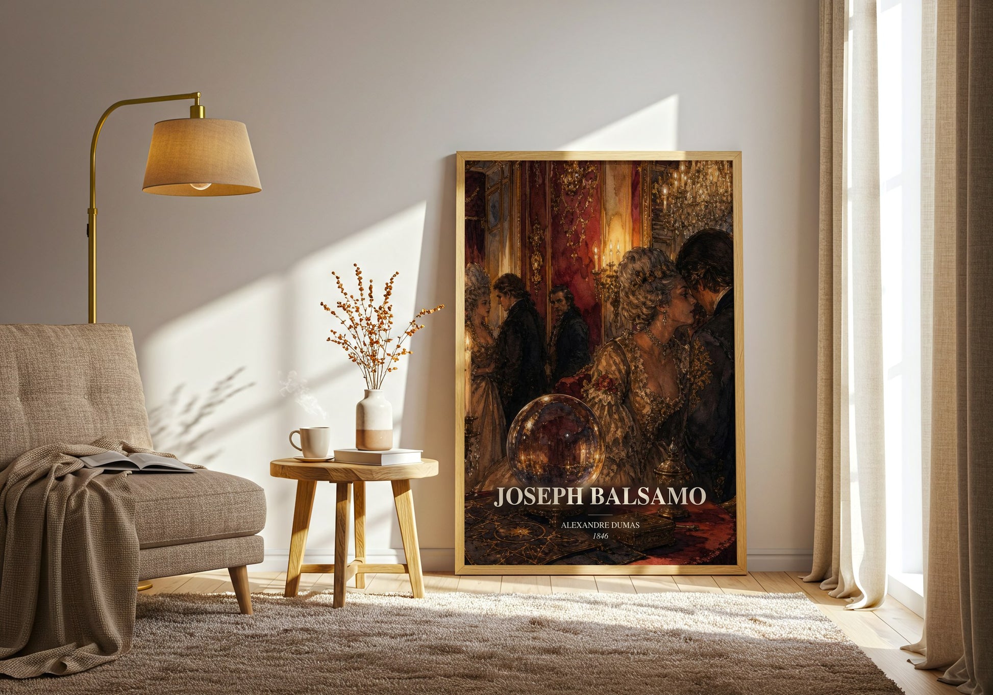 Joseph Balsamo watercolour print in frame leaning in hallway – historical fiction wall art