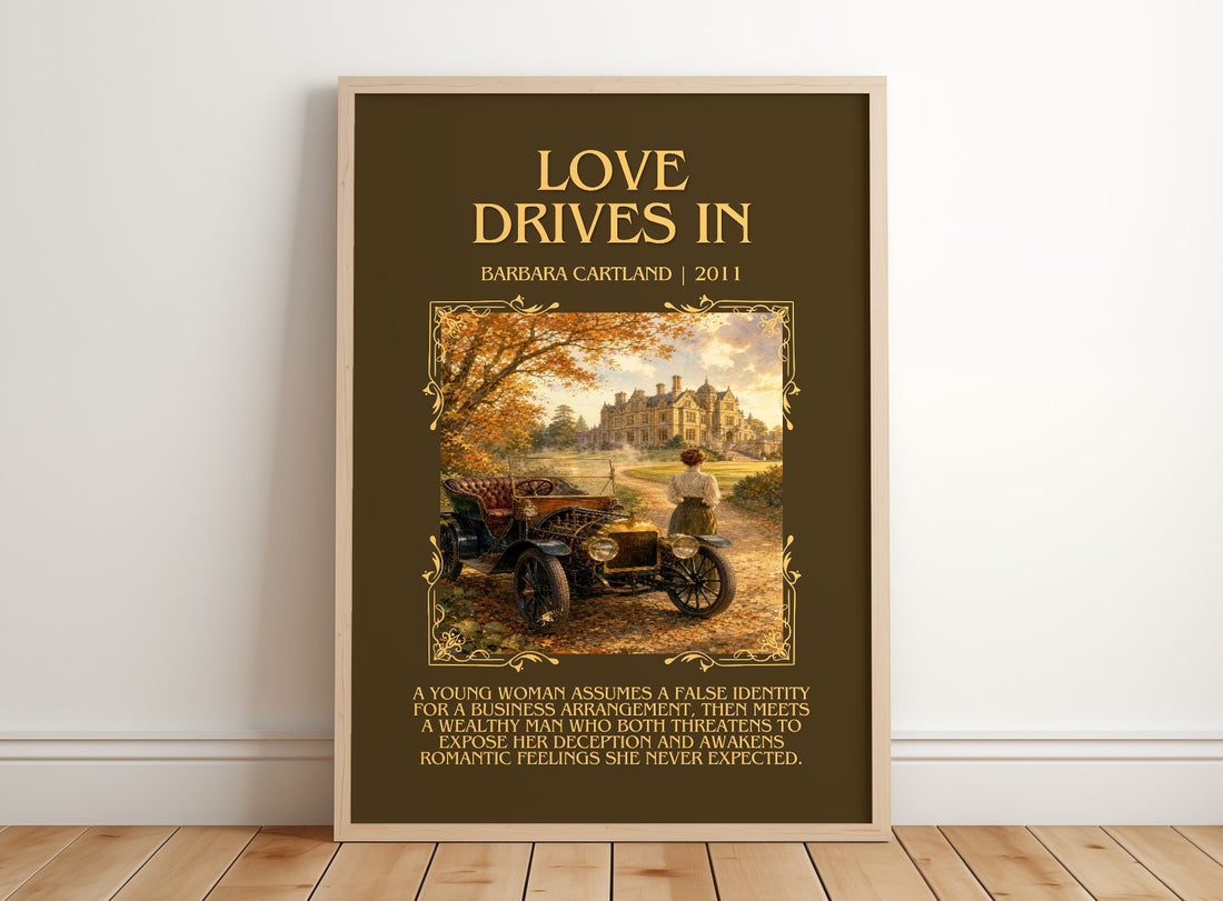 Love Drives In Minimalist Book Poster by Barbara Cartland – framed print leaning on a wooden floor
