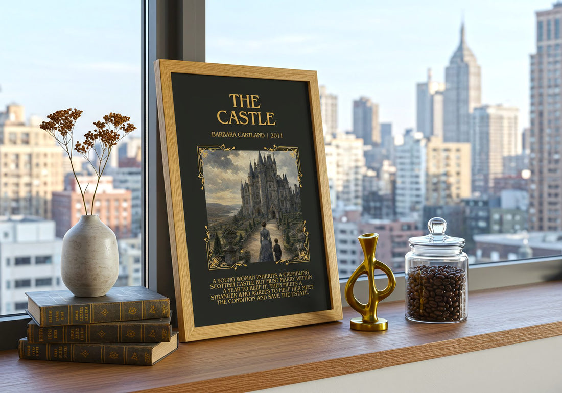 The Castle Minimalist Book Poster by Barbara Cartland – framed print on a city-view windowsill