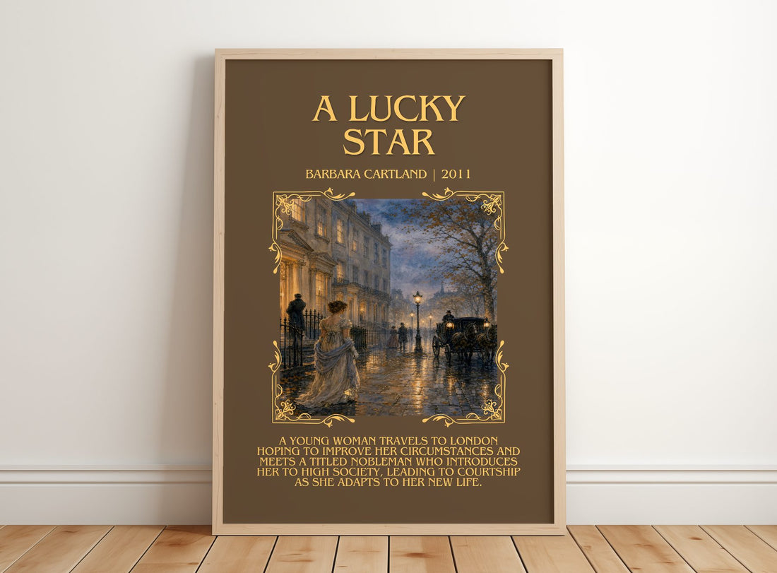 A Lucky Star Minimalist Book Poster by Barbara Cartland – framed print leaning on a wooden floor