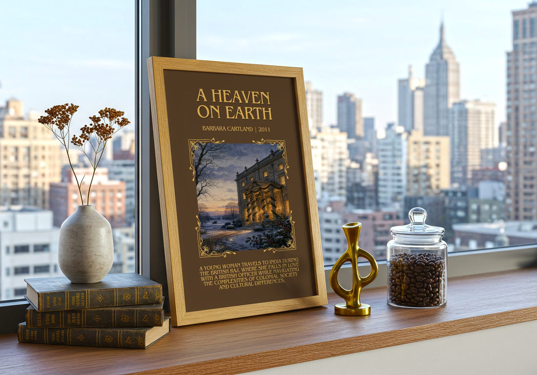 A Heaven On Earth Minimalist Book Poster by Barbara Cartland – framed print on a city-view windowsill