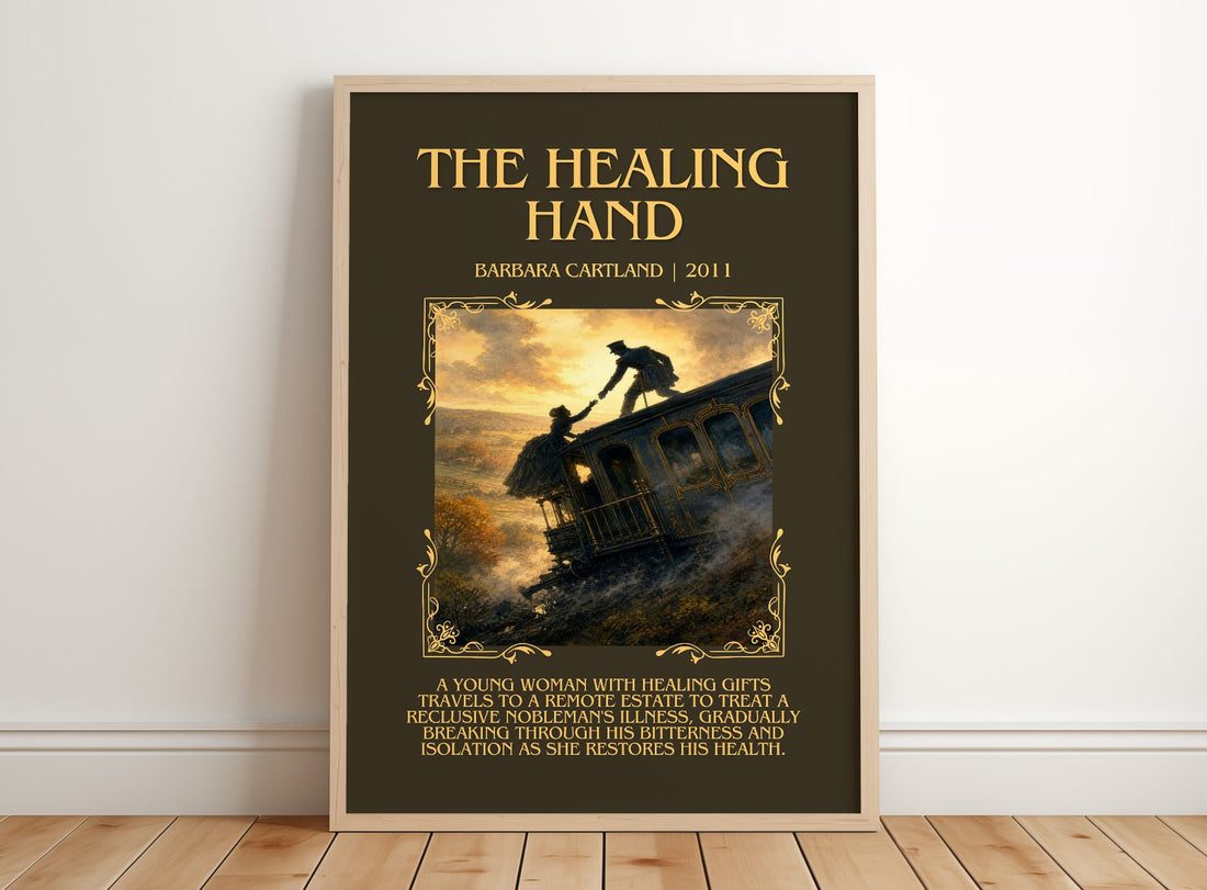 The Healing Hand Minimalist Book Poster by Barbara Cartland – framed print leaning on a wooden floor