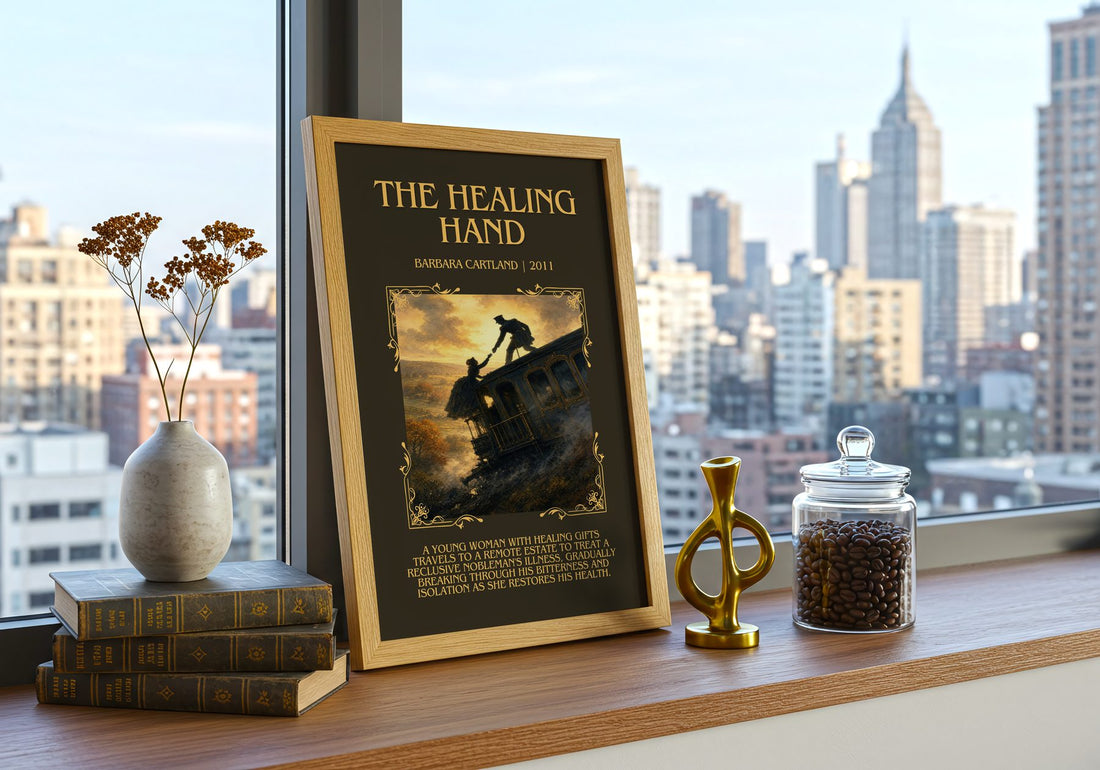 The Healing Hand Minimalist Book Poster by Barbara Cartland – framed print on a city-view windowsill