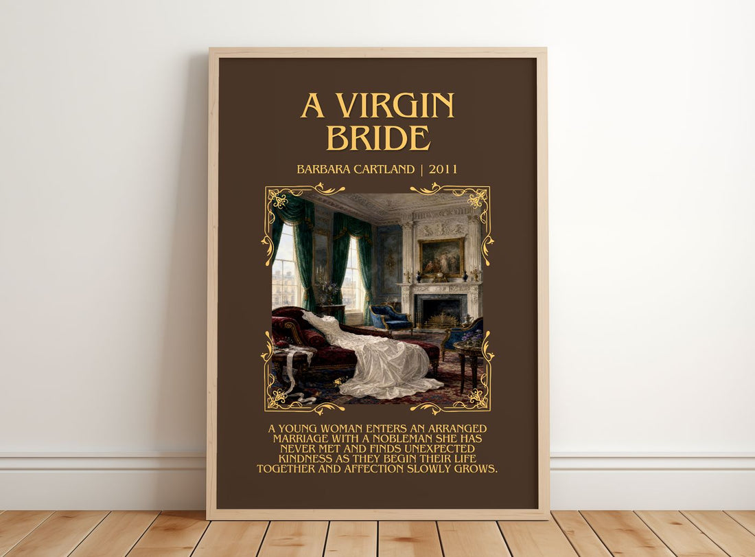A Virgin Bride Minimalist Book Poster by Barbara Cartland – framed print leaning on a wooden floor