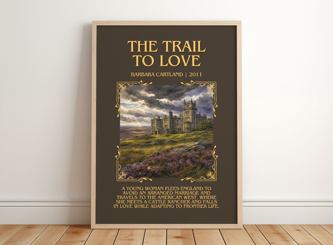 The Trail To Love Minimalist Book Poster by Barbara Cartland – framed print leaning on a wooden floor