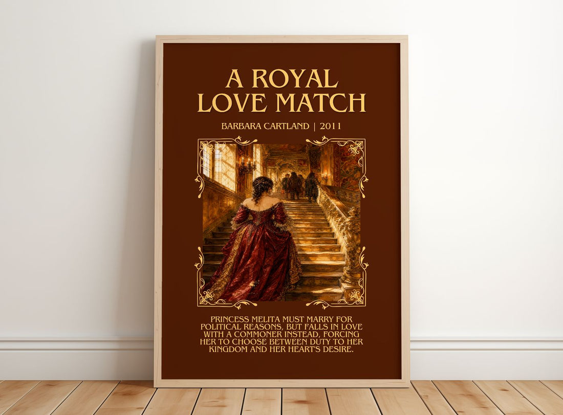 A Royal Love Match Minimalist Book Poster by Barbara Cartland – framed print leaning on a wooden floor