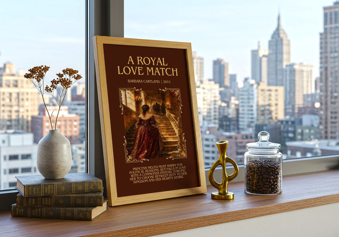 A Royal Love Match Minimalist Book Poster by Barbara Cartland – framed print on a city-view windowsill