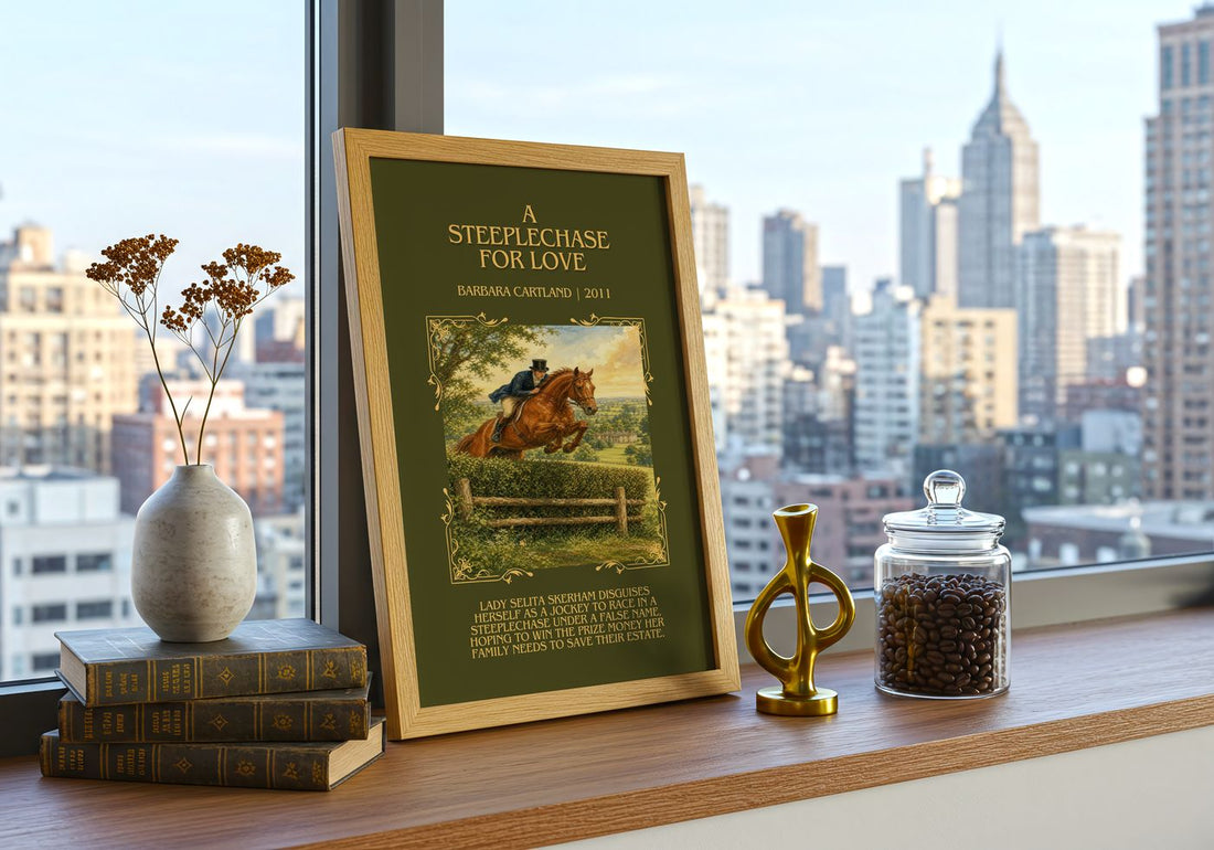 A Steeplechase For Love Minimalist Book Poster by Barbara Cartland – framed print on a city-view windowsill