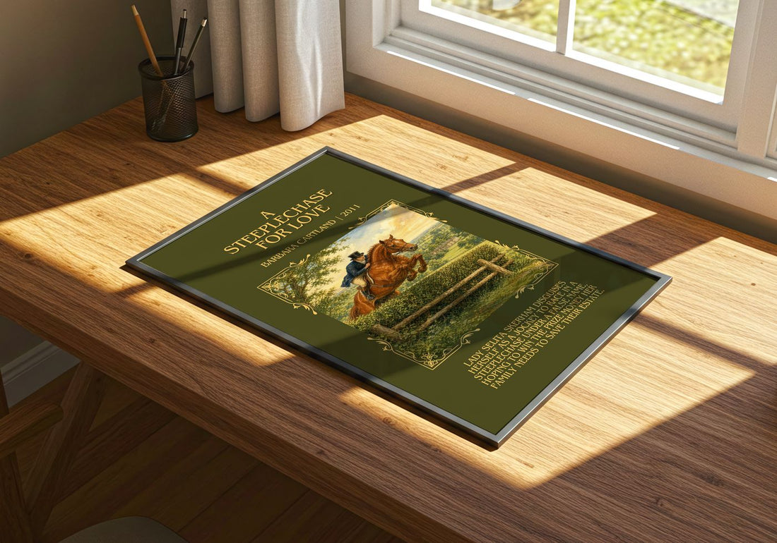 A Steeplechase For Love Minimalist Book Poster by Barbara Cartland – print on a sunlit desk