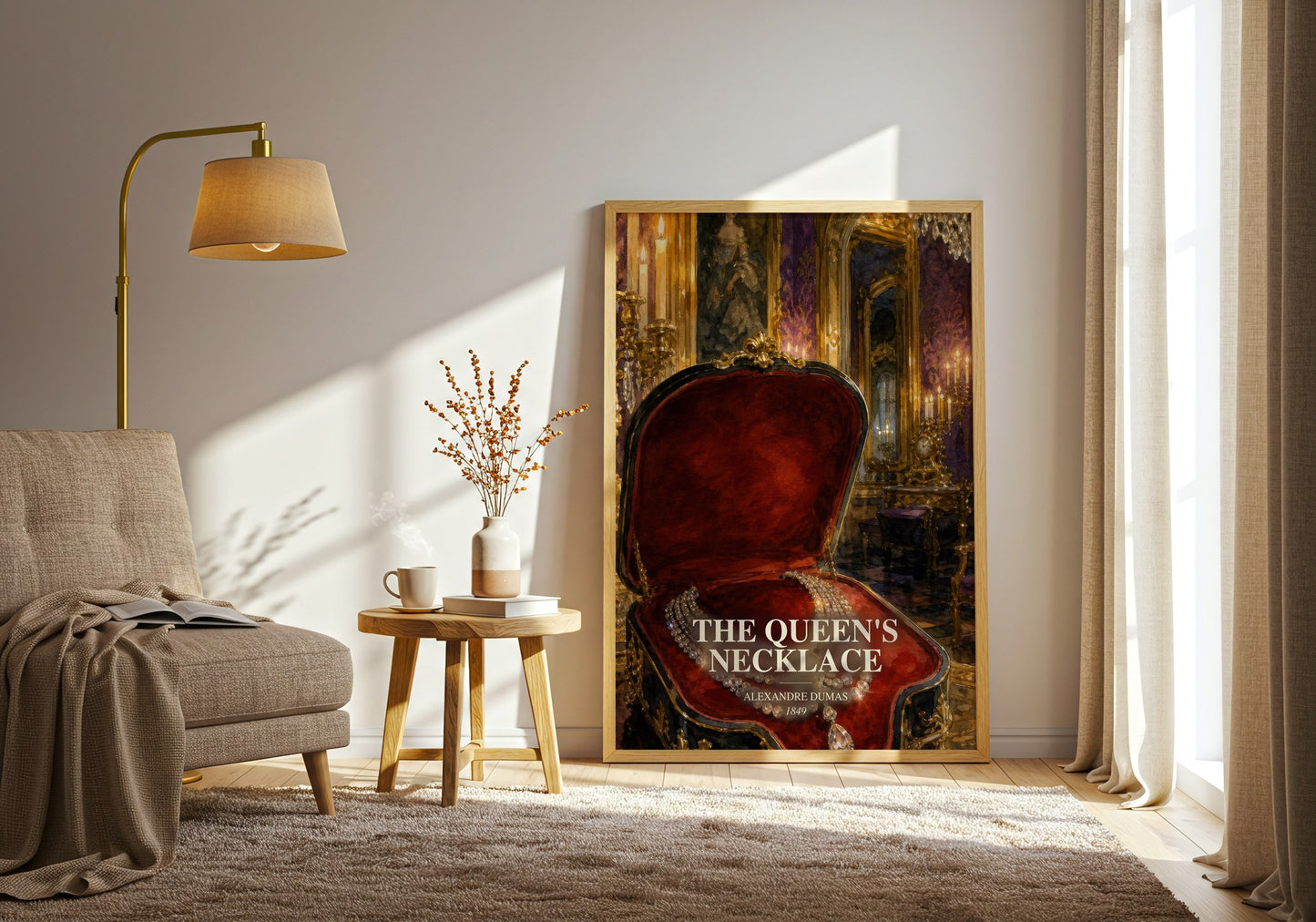The Queen'S Necklace watercolour print in frame leaning in hallway – historical fiction wall art