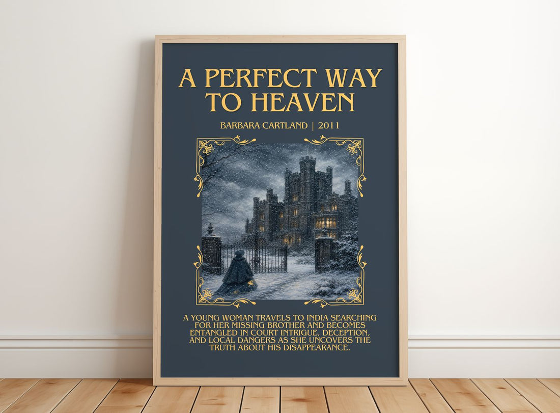 A Perfect Way To Heaven Minimalist Book Poster by Barbara Cartland – framed print leaning on a wooden floor