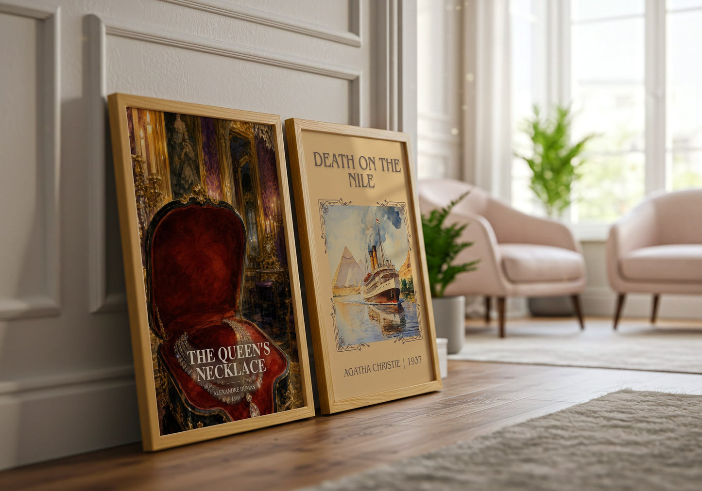 The Queen'S Necklace watercolour print framed by window – literary home decor