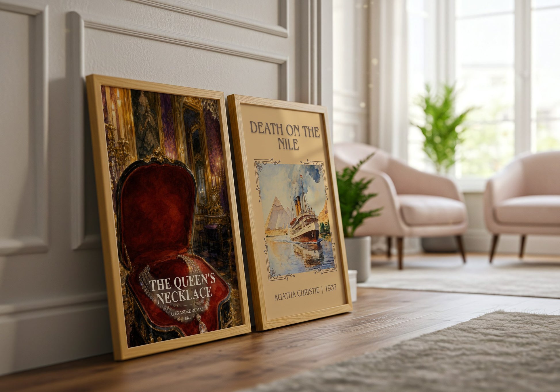 The Queen'S Necklace watercolour print framed by window – literary home decor