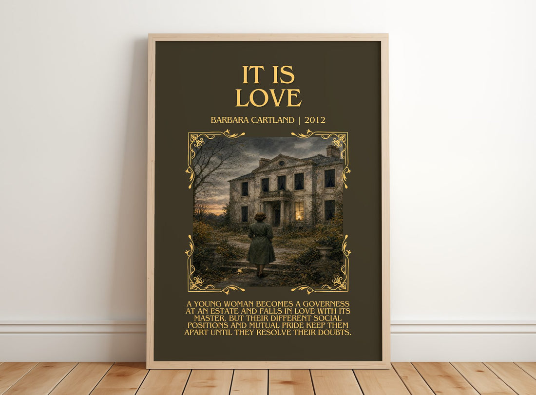 It Is Love Minimalist Book Poster by Barbara Cartland – framed print leaning on a wooden floor
