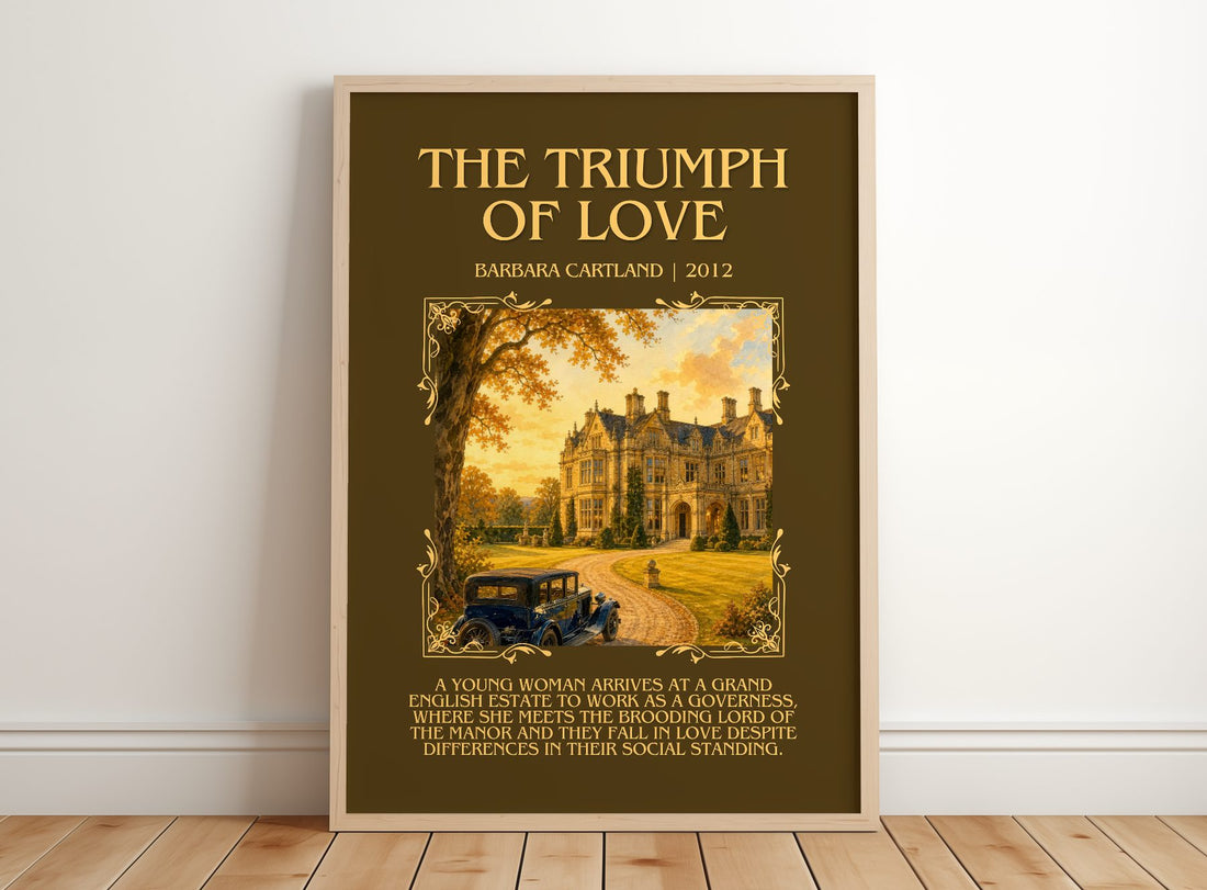 The Triumph Of Love Minimalist Book Poster by Barbara Cartland – framed print leaning on a wooden floor