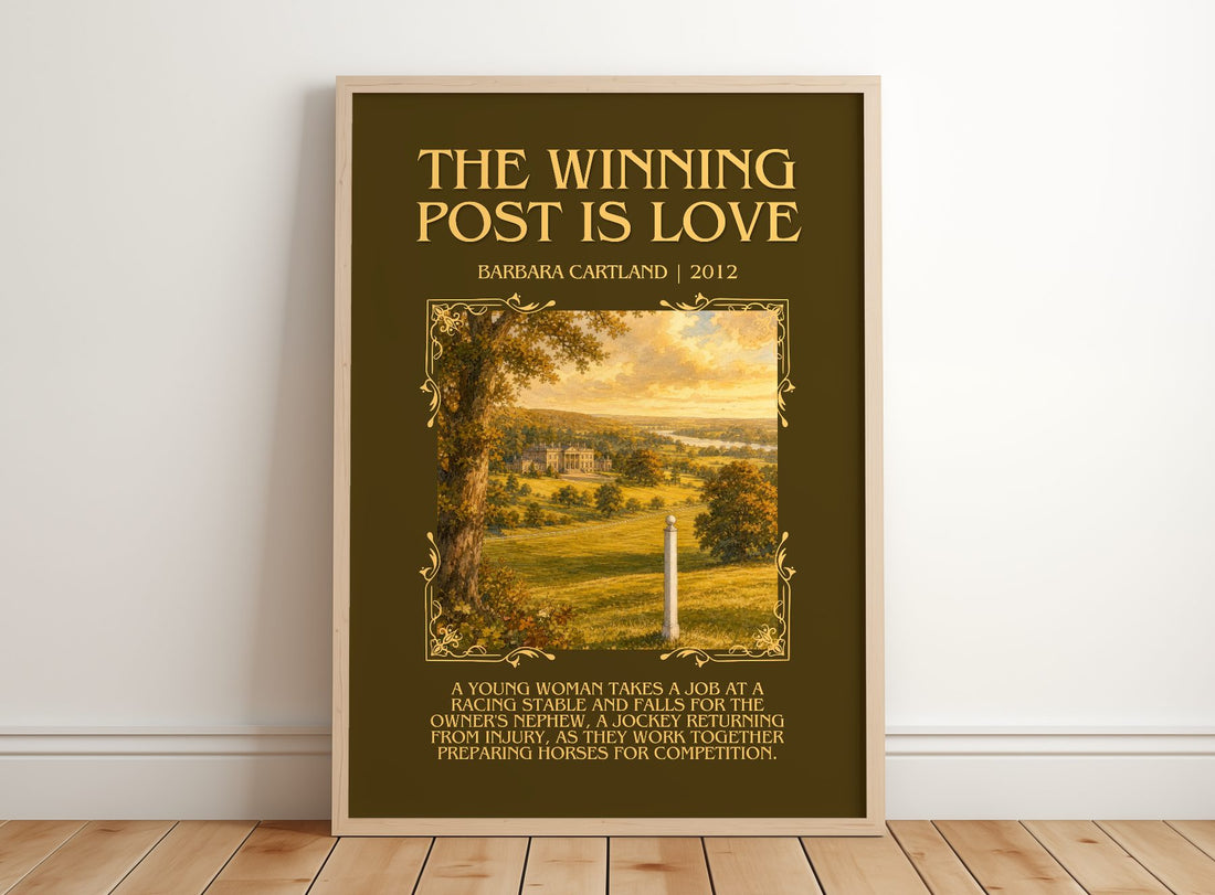 The Winning Post Is Love Minimalist Book Poster by Barbara Cartland – framed print leaning on a wooden floor