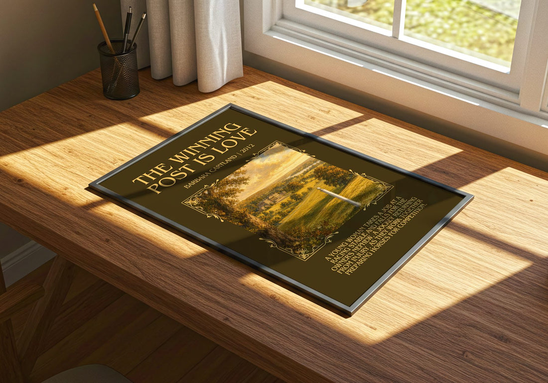 The Winning Post Is Love Minimalist Book Poster by Barbara Cartland – print on a sunlit desk
