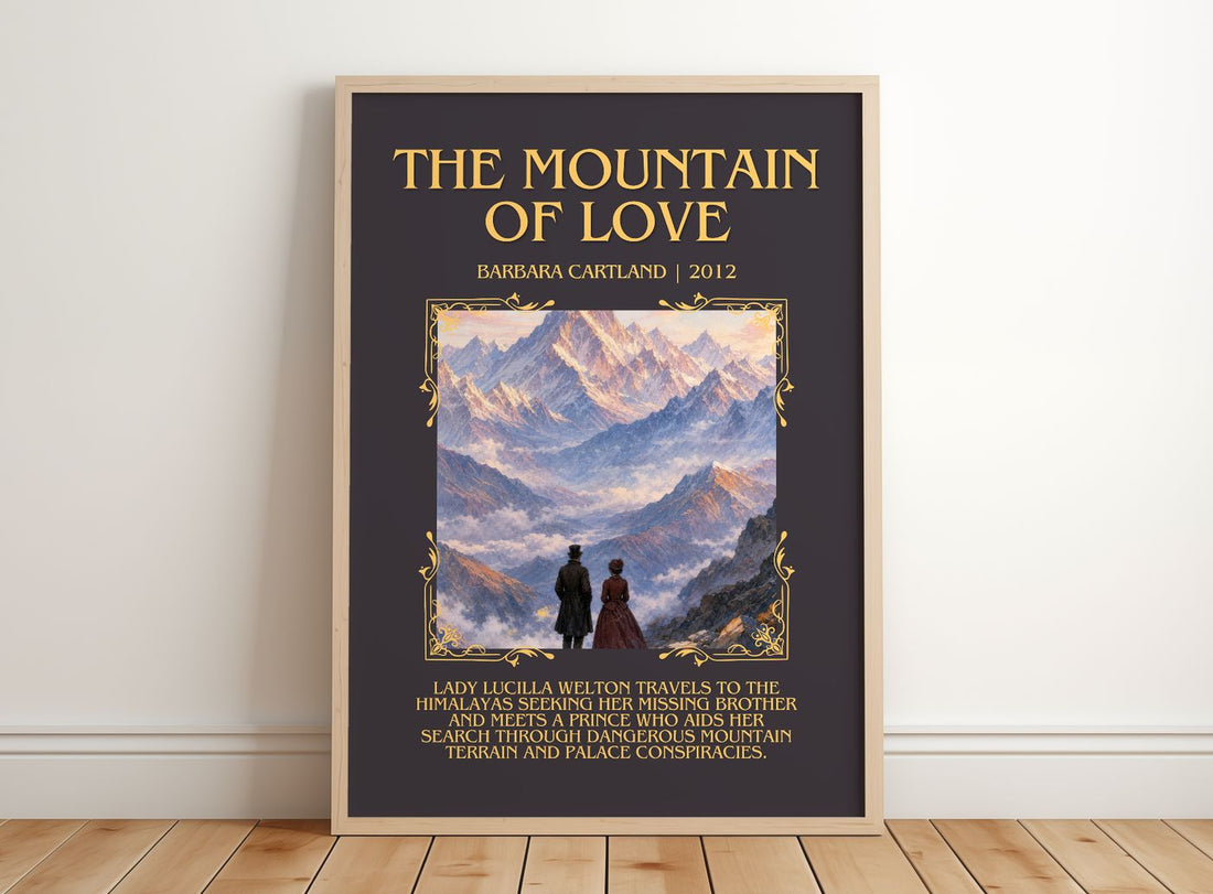 The Mountain Of Love Minimalist Book Poster by Barbara Cartland – framed print leaning on a wooden floor