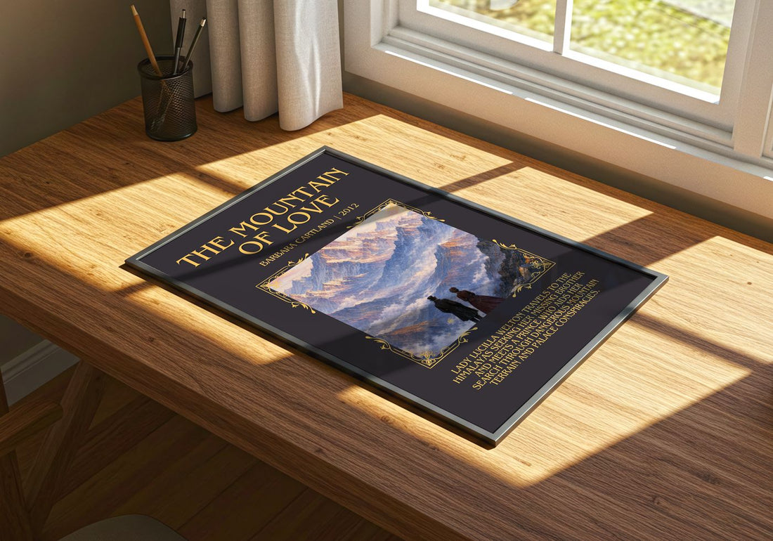The Mountain Of Love Minimalist Book Poster by Barbara Cartland – print on a sunlit desk