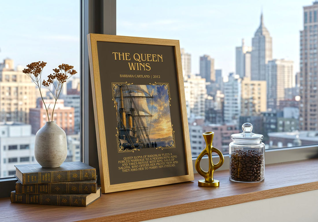 The Queen Wins Minimalist Book Poster by Barbara Cartland – framed print on a city-view windowsill