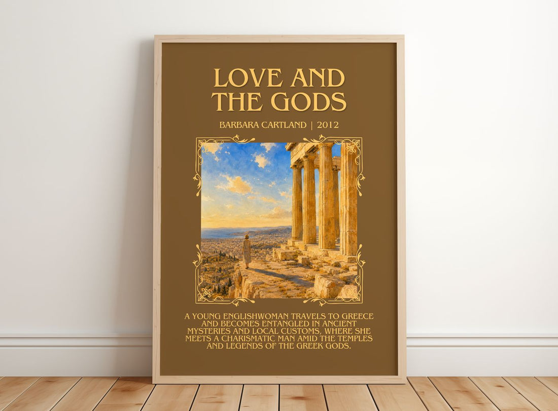 Love And The Gods Minimalist Book Poster by Barbara Cartland – framed print leaning on a wooden floor