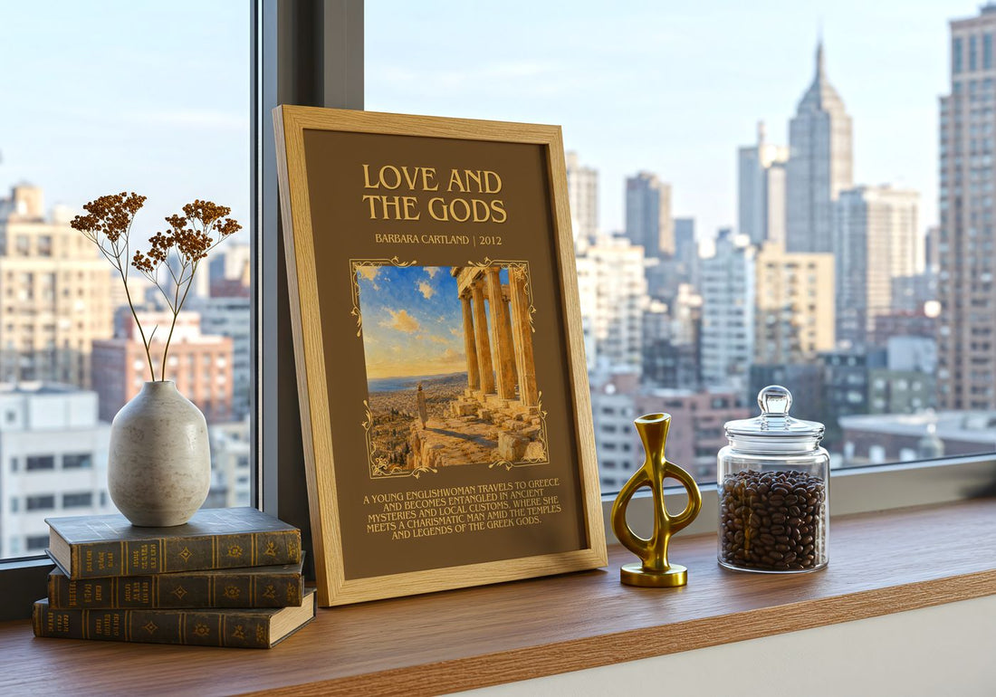 Love And The Gods Minimalist Book Poster by Barbara Cartland – framed print on a city-view windowsill