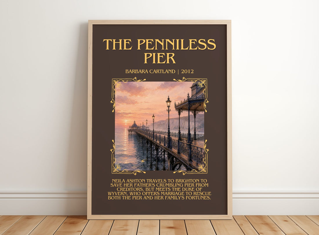 The Penniless Pier Minimalist Book Poster by Barbara Cartland – framed print leaning on a wooden floor
