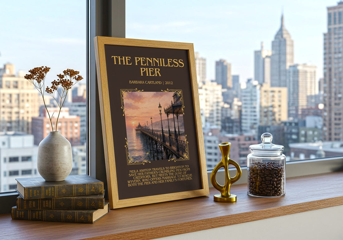 The Penniless Pier Minimalist Book Poster by Barbara Cartland – framed print on a city-view windowsill