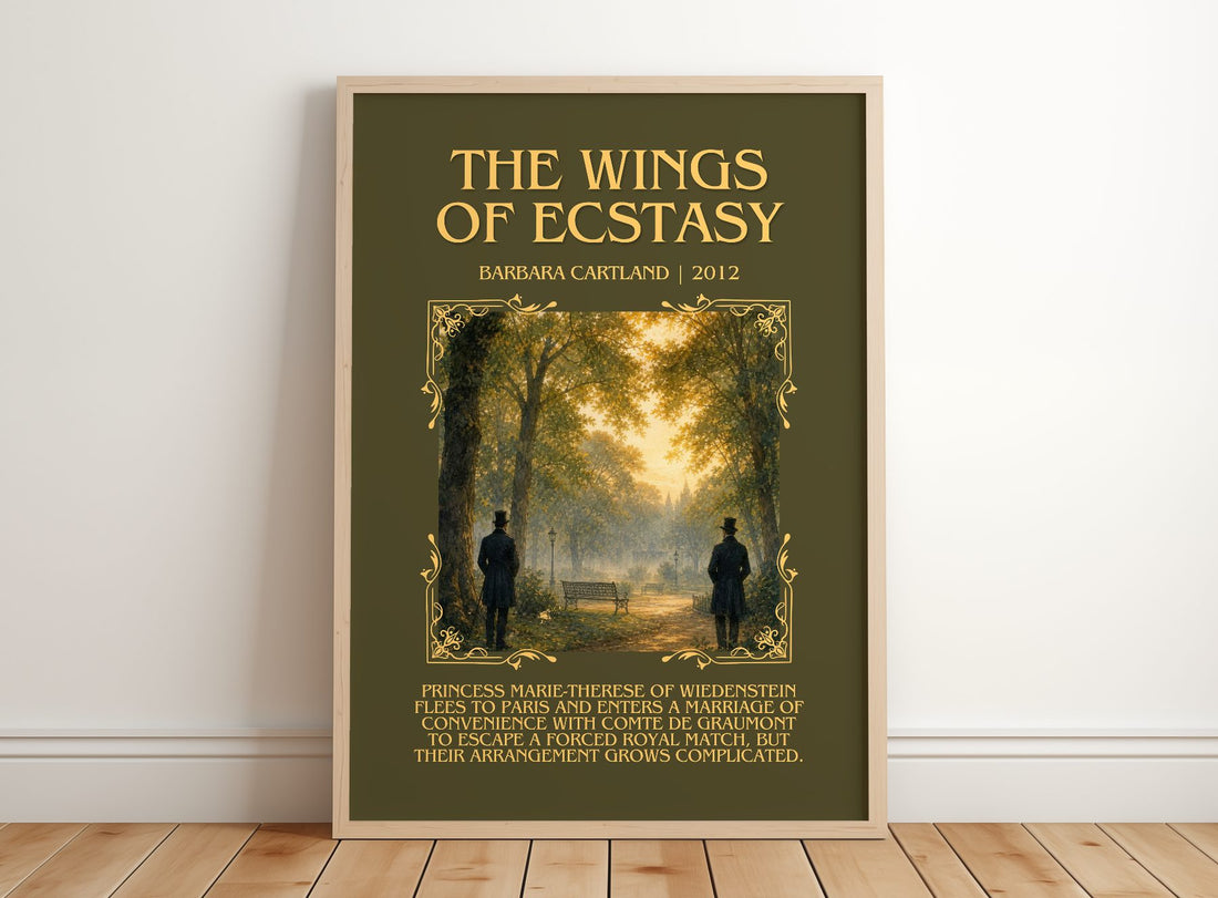 The Wings Of Ecstasy Minimalist Book Poster by Barbara Cartland – framed print leaning on a wooden floor