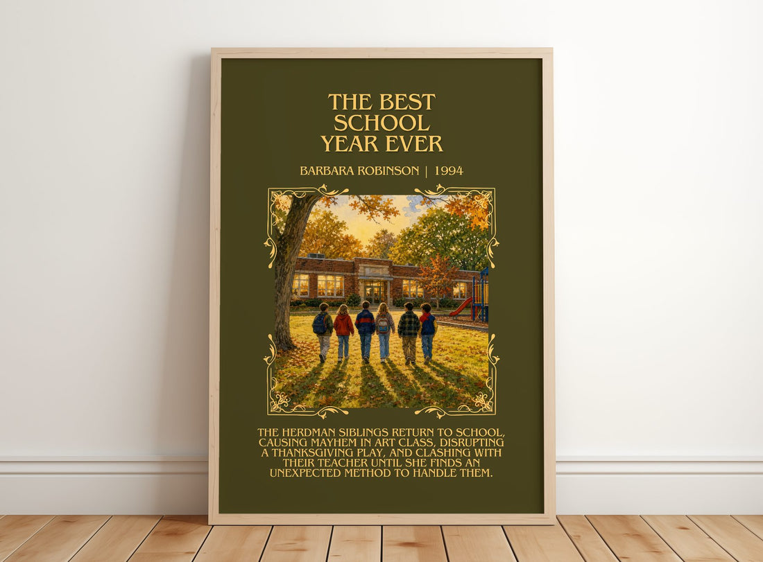 The Best School Year Ever Minimalist Book Poster by Barbara Robinson – framed print leaning on a wooden floor