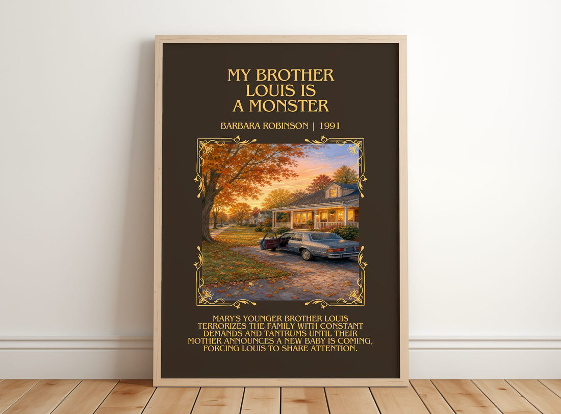 My Brother Louis Is A Monster Minimalist Book Poster by B. Robinson – framed print leaning on a wooden floor