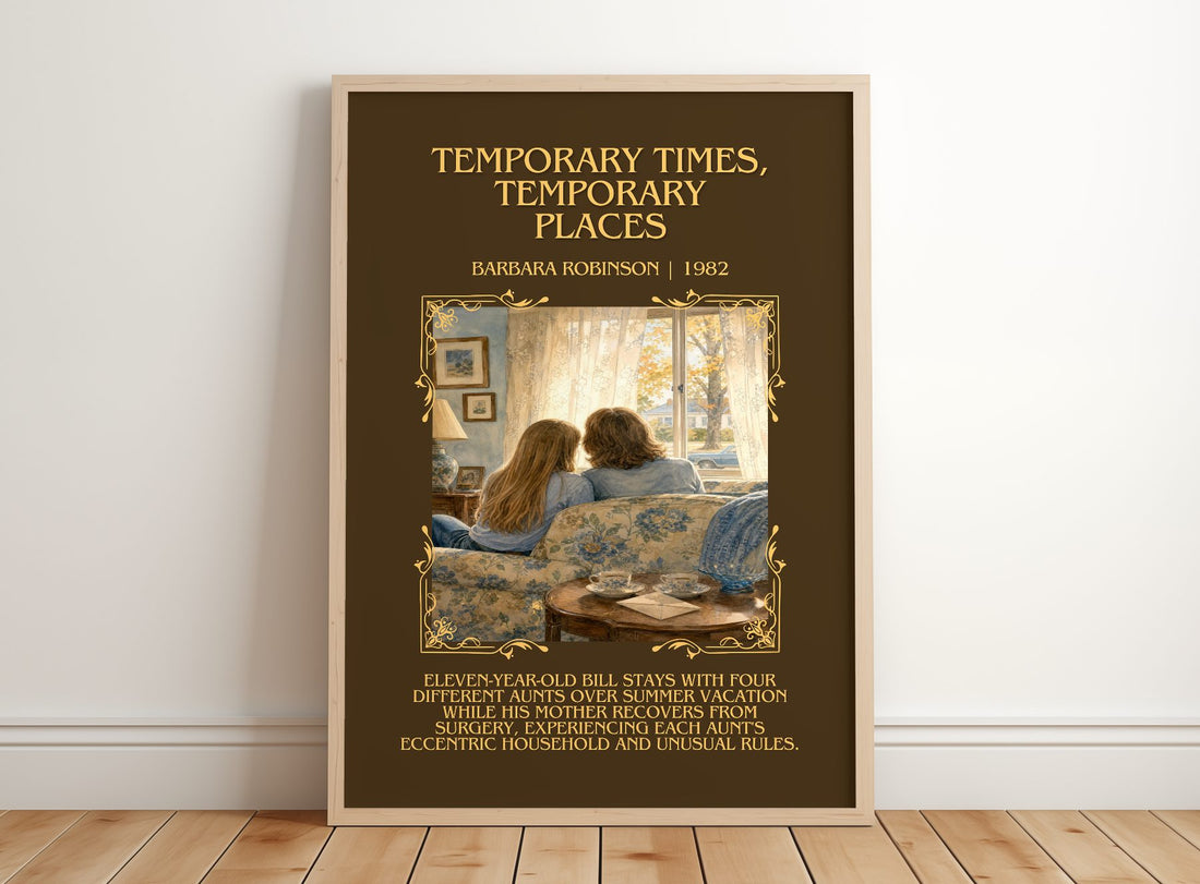 Temporary Times, Temporary Places Minimalist Book Poster – framed print leaning on a wooden floor