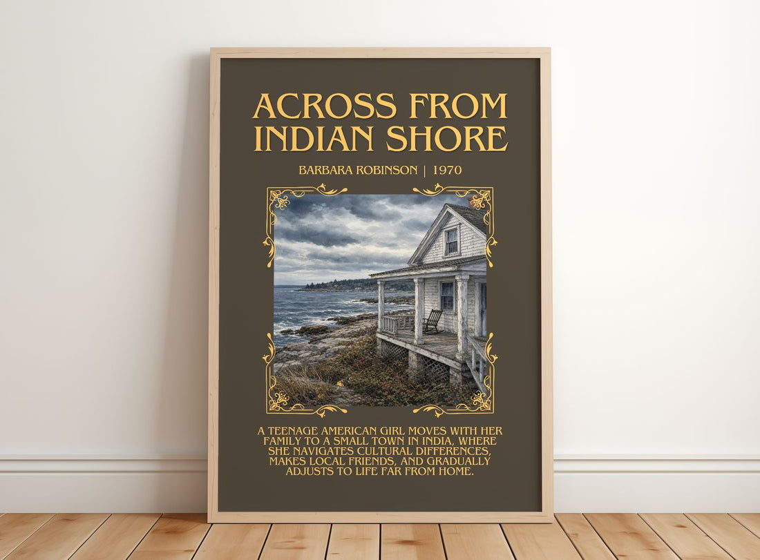 Across From Indian Shore Minimalist Book Poster by Barbara Robinson – framed print leaning on a wooden floor