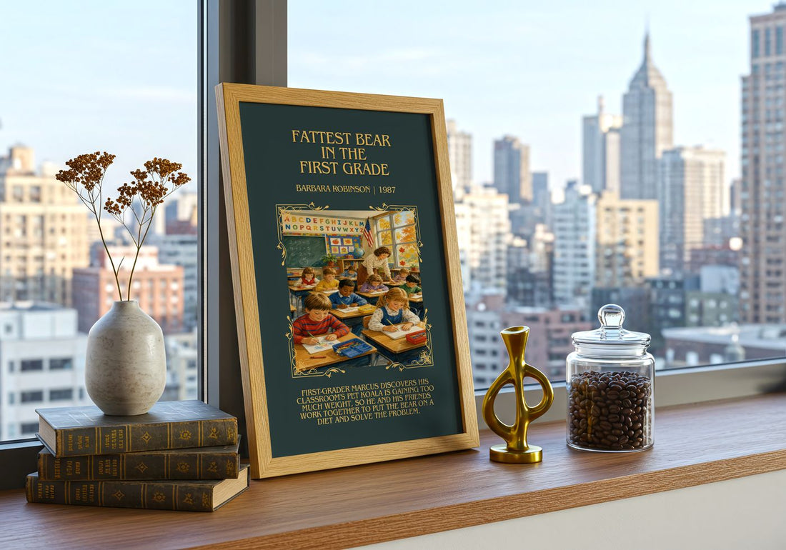 Fattest Bear In The First Grade Minimalist Book Poster by B. Robinson – framed print on a city-view windowsill