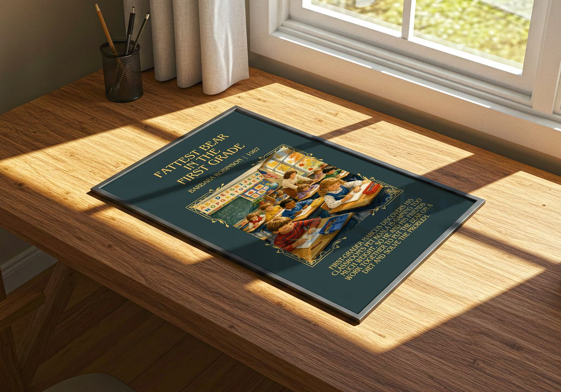 Fattest Bear In The First Grade Minimalist Book Poster by B. Robinson – print on a sunlit desk