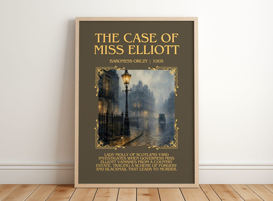 The Case Of Miss Elliott Minimalist Book Poster by Baroness Orczy – framed print leaning on a wooden floor