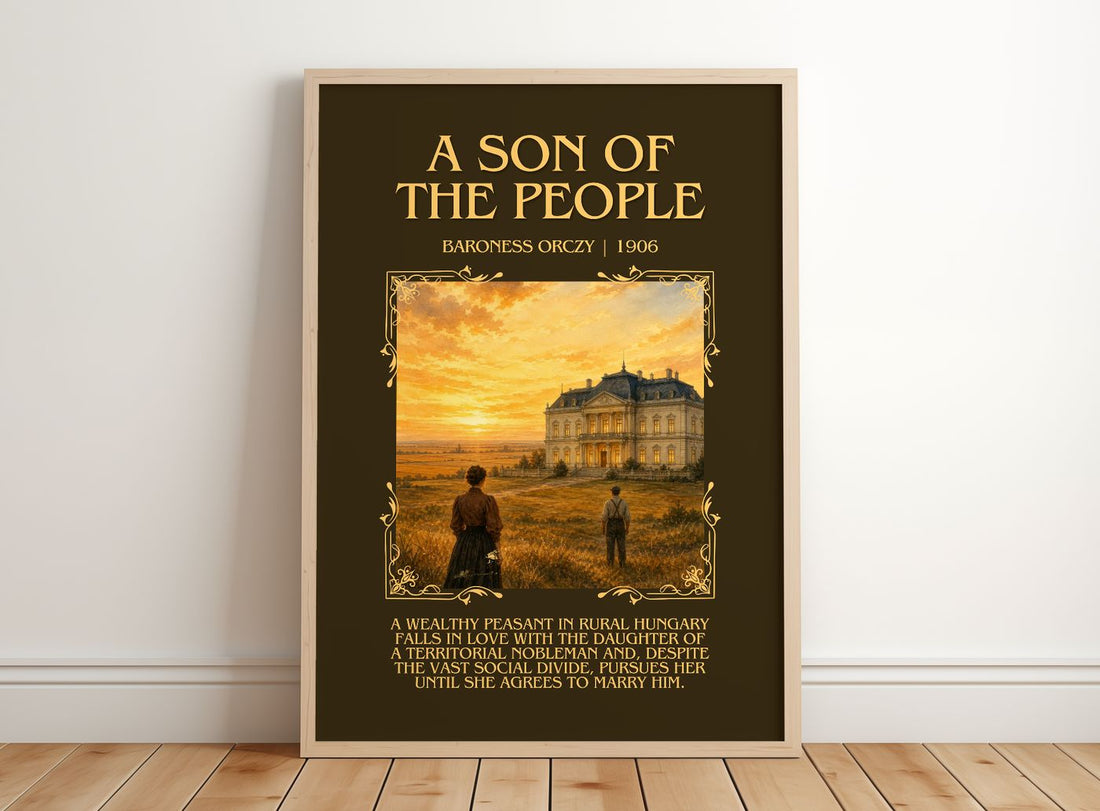 A Son Of The People Minimalist Book Poster by Baroness Orczy – framed print leaning on a wooden floor