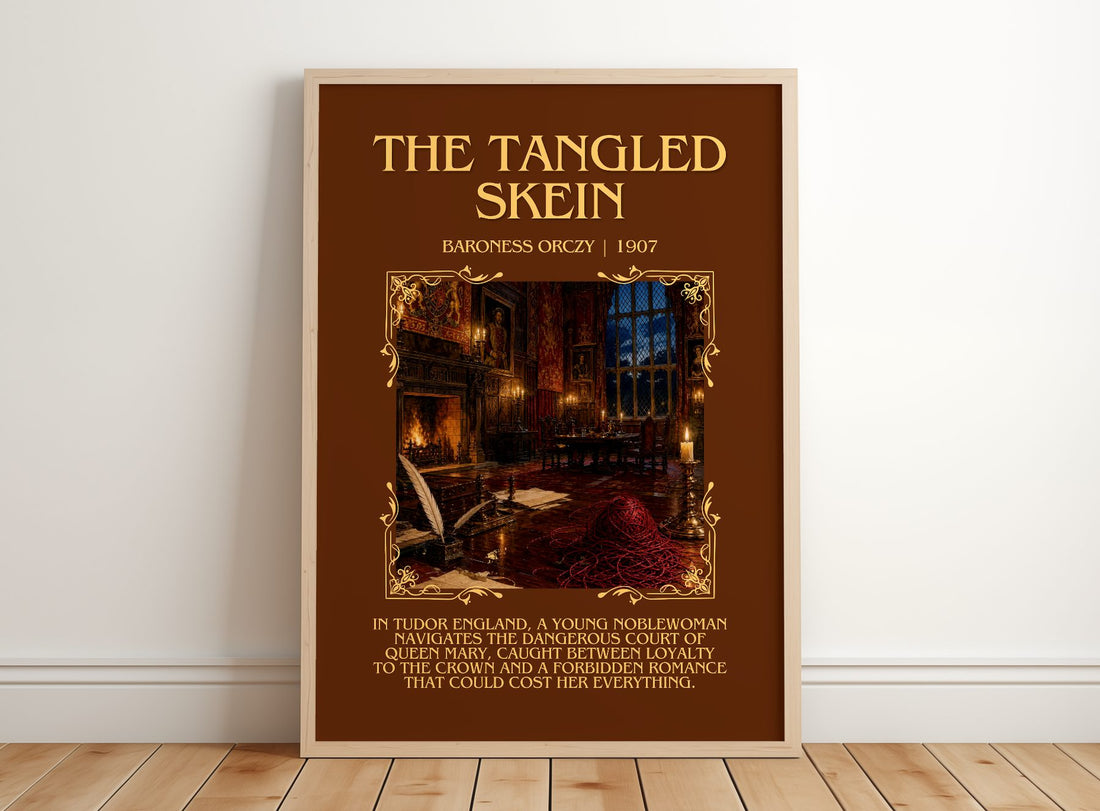 The Tangled Skein Minimalist Book Poster by Baroness Orczy – framed print leaning on a wooden floor