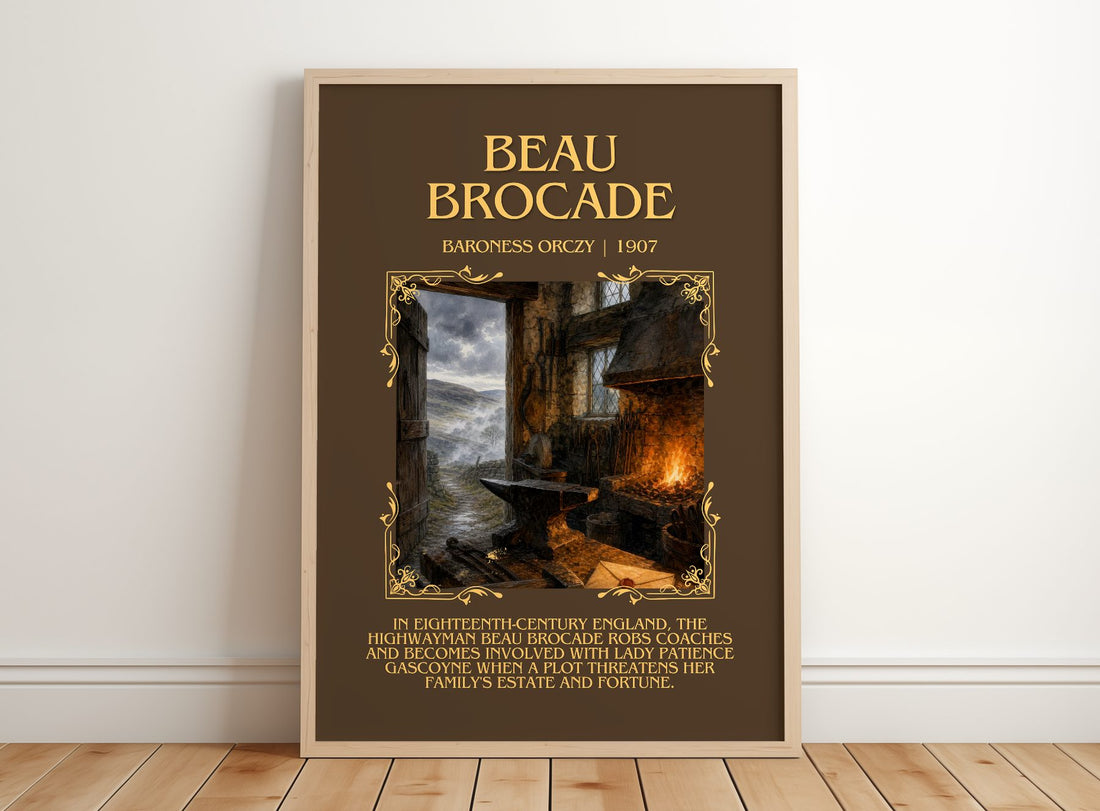 Beau Brocade Minimalist Book Poster by Baroness Orczy – framed print leaning on a wooden floor